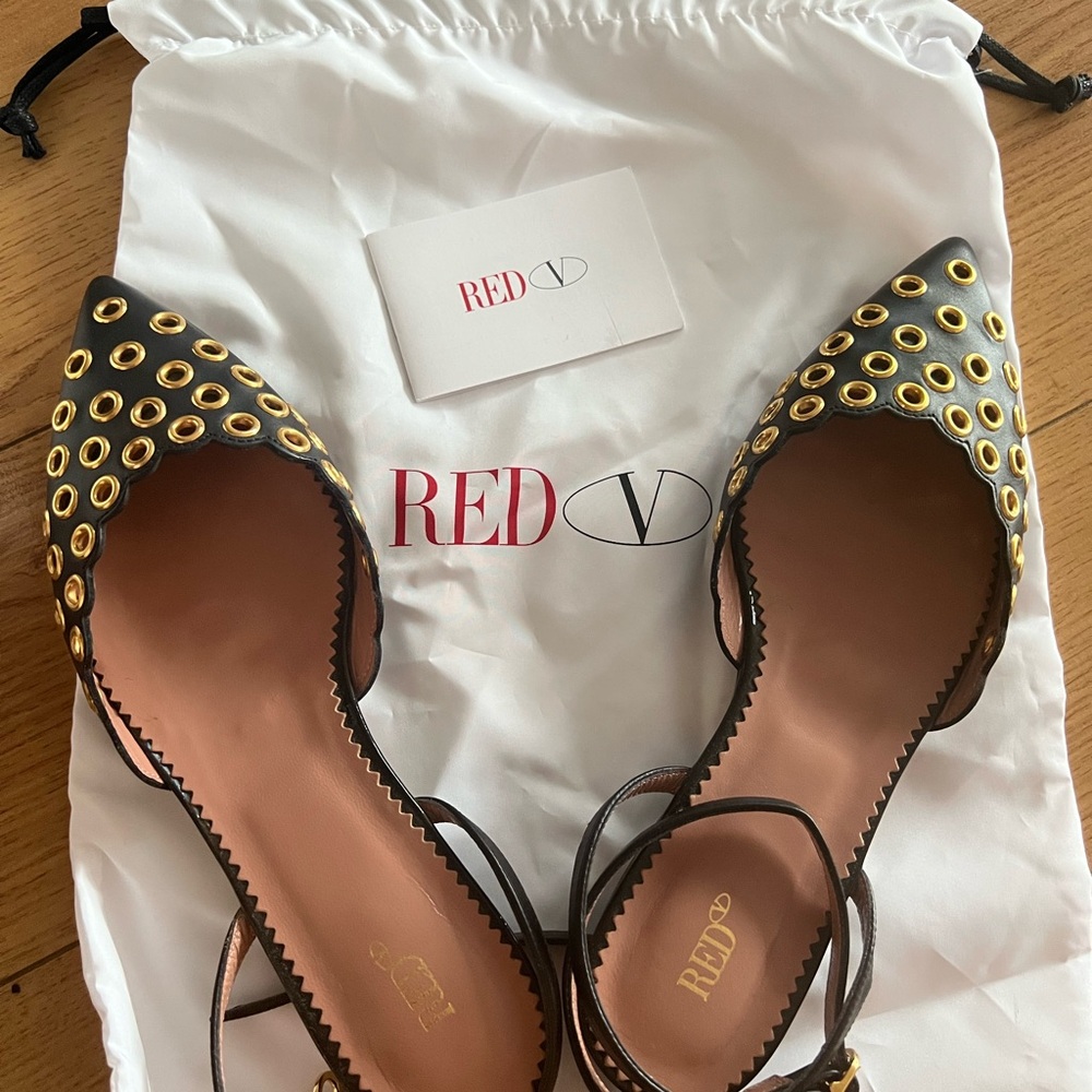 RED Valentino Black and Gold Studded Slingback Heels